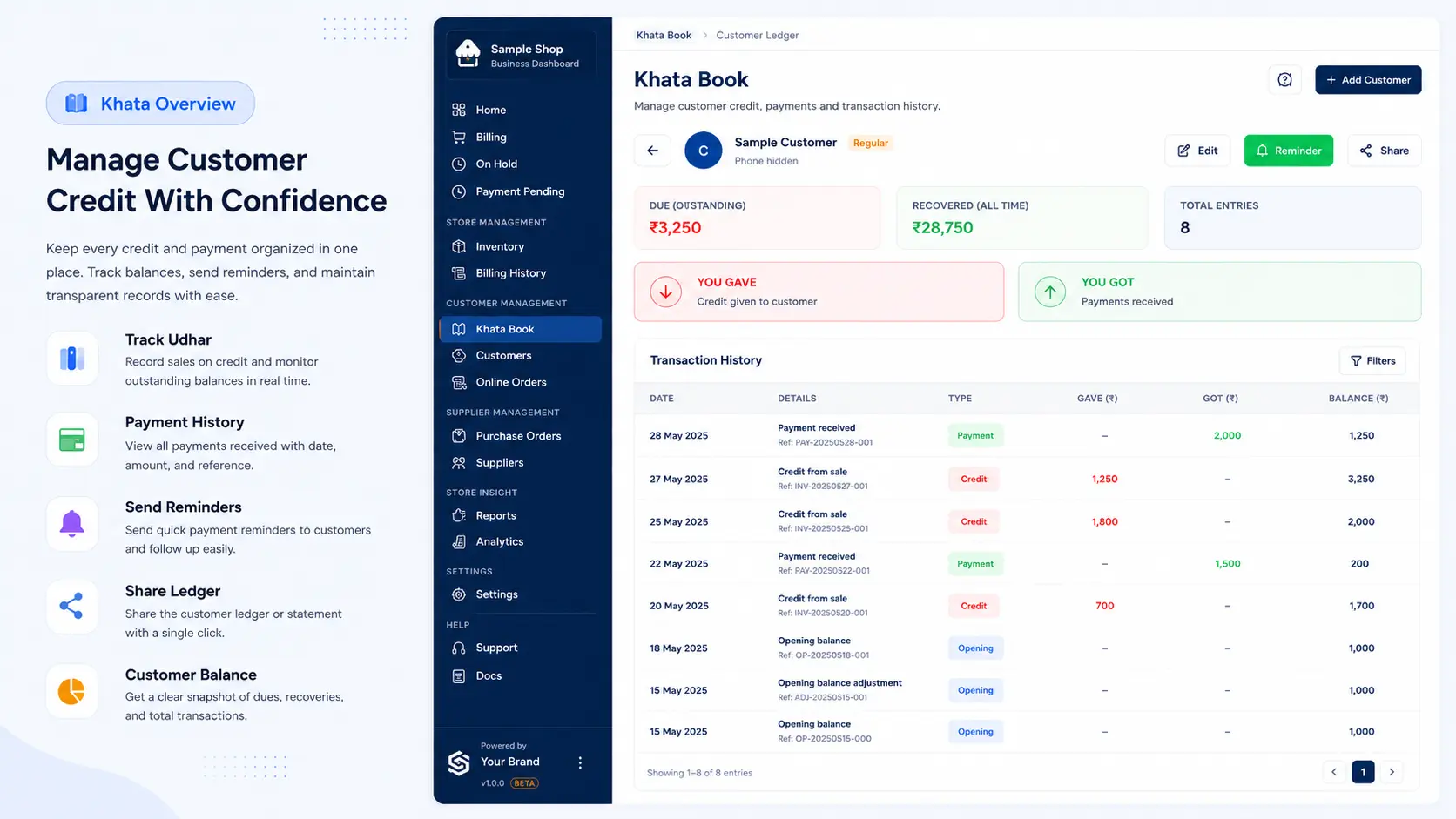 Khata Book customer ledger with You Gave and You Got