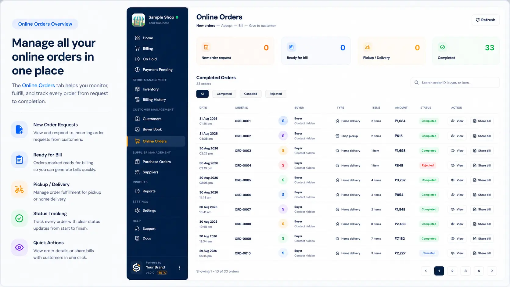 Online Orders list with status cards