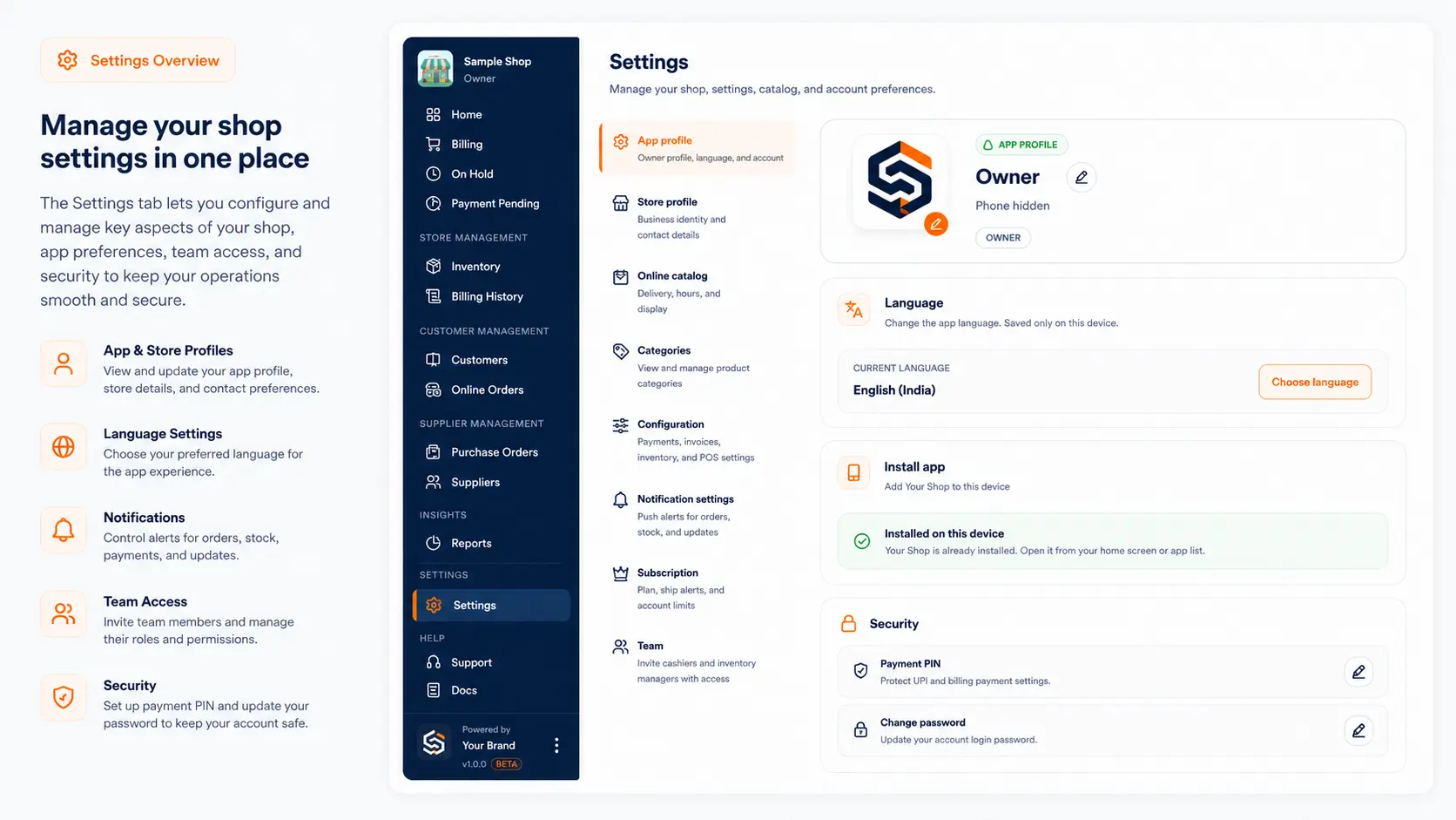 Settings screen with App profile